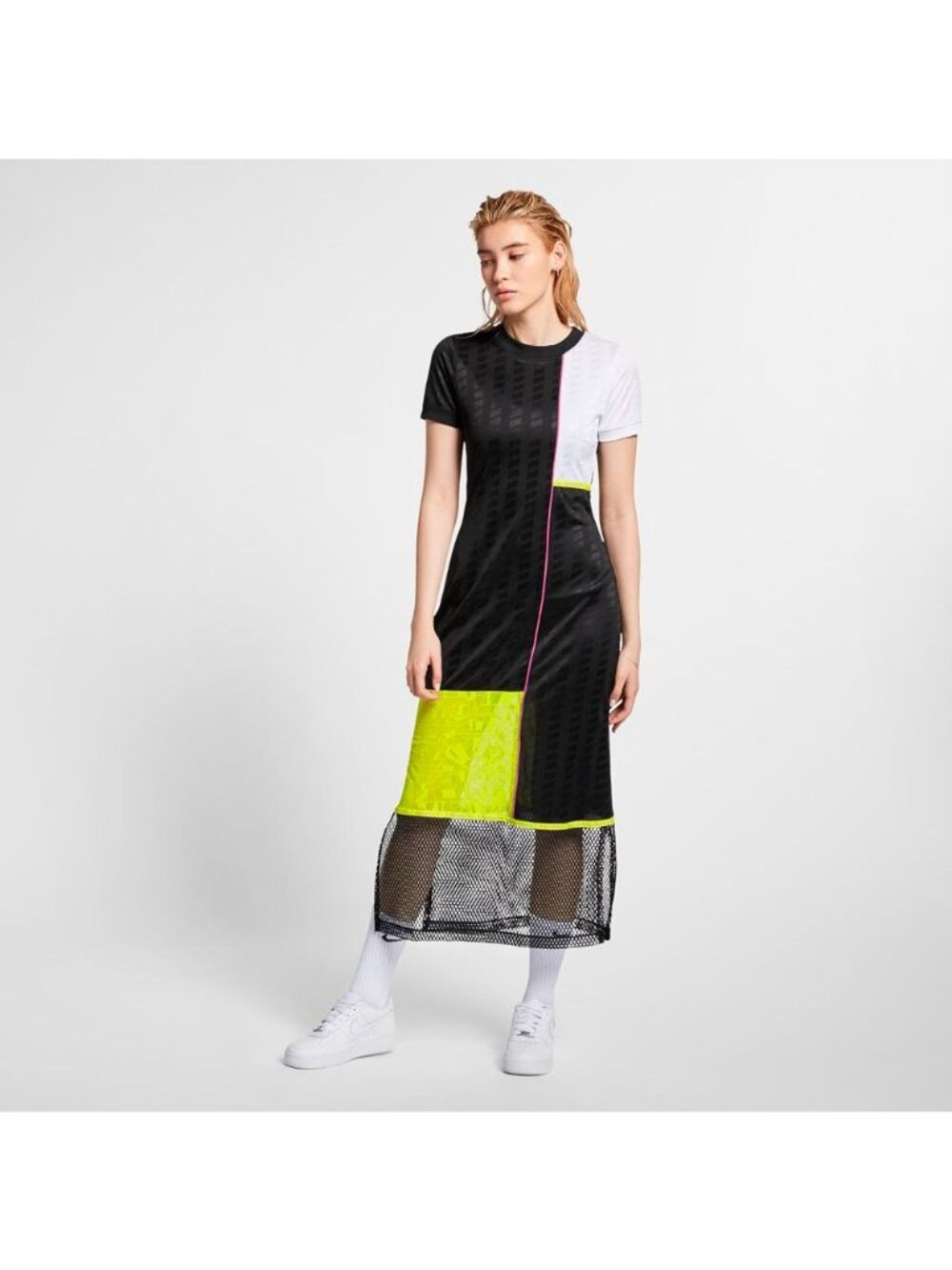 Nike Sportswear Womens Patchwork Mesh Dress Black/Yellow Size M
